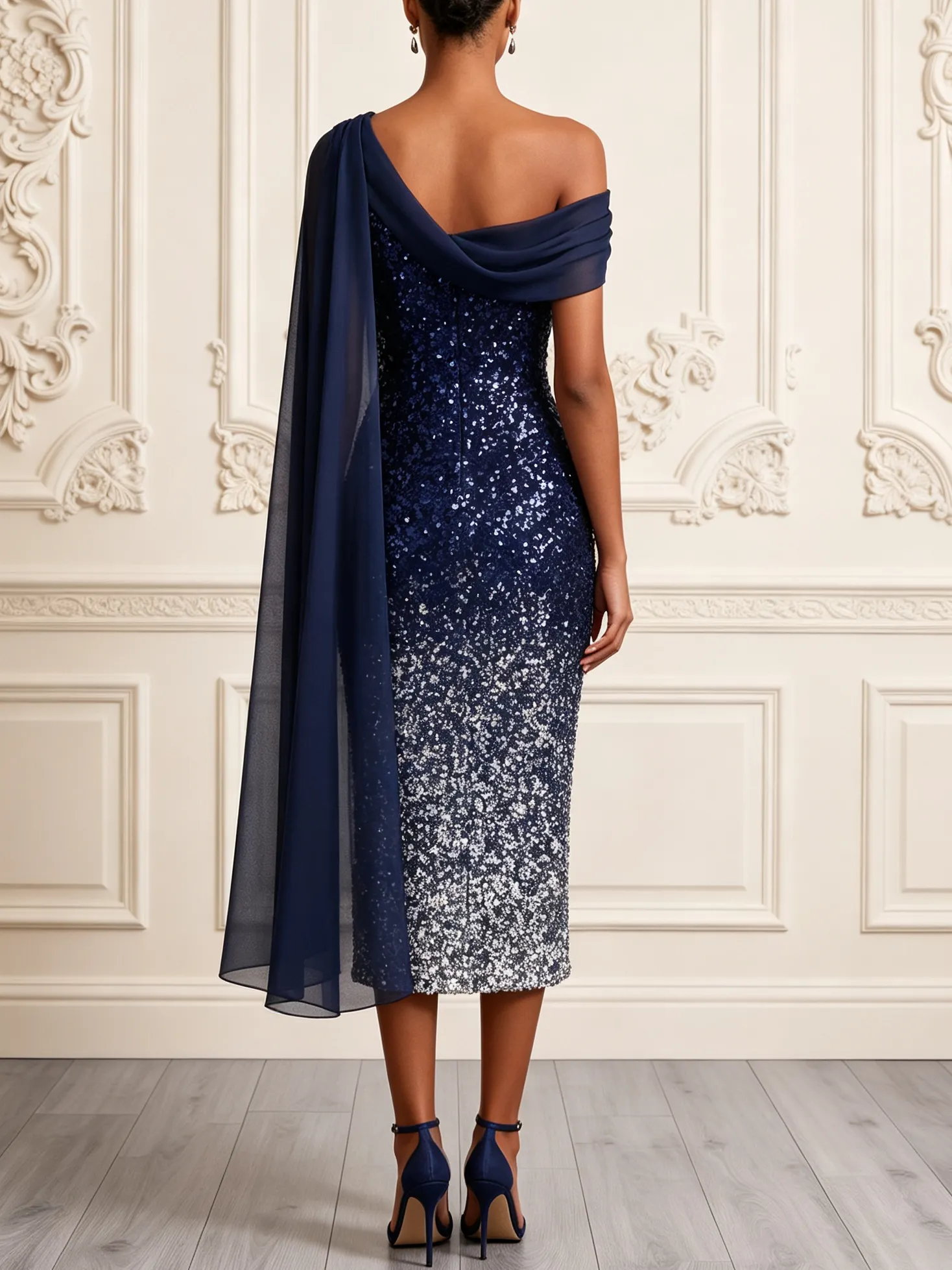 Navy Blue Ruched Sequin Asymmetrical Short Sleeve Sheath Midi Dress - Navy Blue