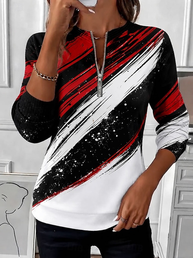 Women's Zip Up Sweatshirts Zipper Print Graphic Geometric Abstract Fashion Casual Long Sleeve Round Neck Half Zip Regular Tops Casual Street Dailywear Yellow Red Green Spring Fall - Red