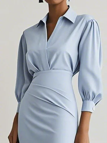 Women Light Blue Ruched Shirt Collar Long Sleeve Dressy Top With Skirt Two-Piece Set