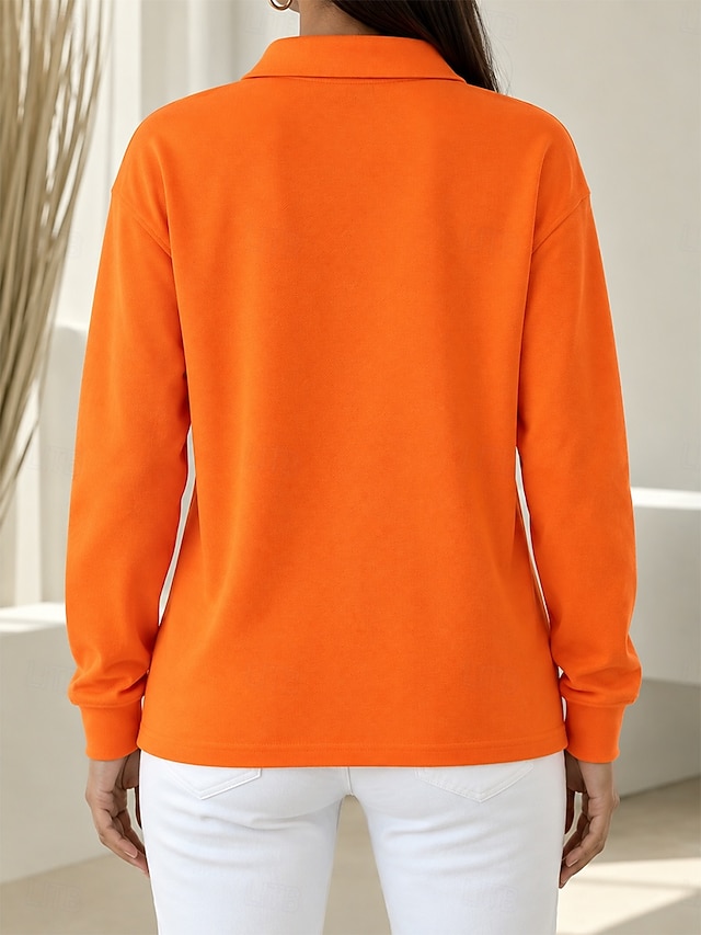 Women's 100% Cotton T Shirt Chest Buttons Plain Vintage Stylish Classic Long Sleeve Shirt Collar Polo Collar Long Tops Casual Daily Blue White Black Pink Red Spring Fall Winter - Orange