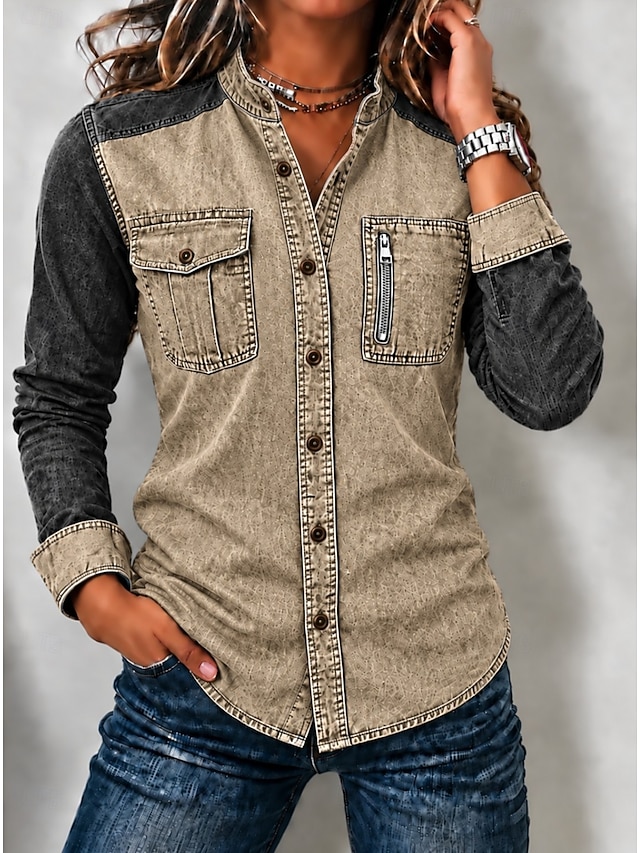 Women's Denim Blouse Denim Shirt Henley Shirt Patchwork Zipper Plain Vintage Fashion Stylish Long Sleeve Stand Collar Regular Tops Casual Blue Khaki Red Spring Fall Winter - Khaki