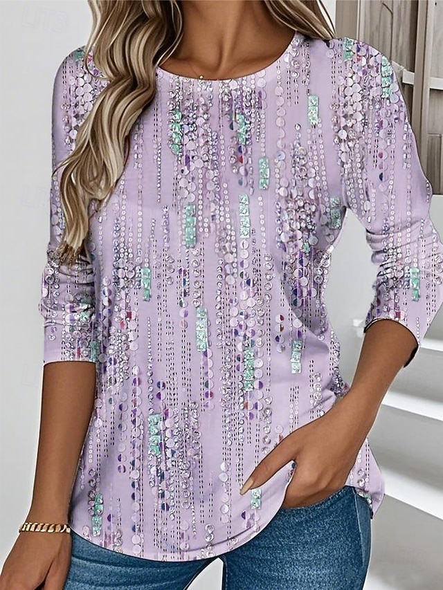 Women's T shirt Long Sleeve Crew Neck Long Sleeve Tunic Graphic Geometric Abstract Elegant Vintage Stylish Regular Tops Daily Print Pink Blue Purple Green Prefall - Purple