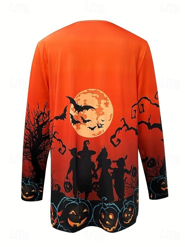 Halloween Women's Giant Skull 3D Bone Cage Print Kimono Cardigan Lightweight Collarless Open Front 3/4 Sleeve Long Cover Up White Gray - Orange