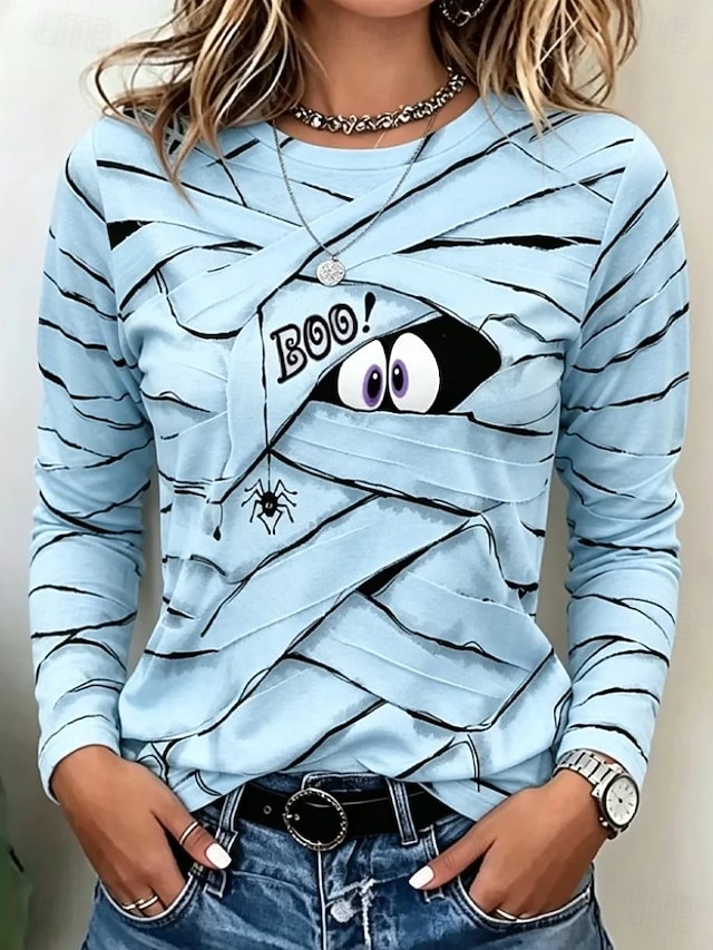 Halloween Women's Cute Mummy Boo Graphic T Shirt Cartoon Bandage Spider Print Long Sleeve Crew Neck Casual Top White Black - Blue
