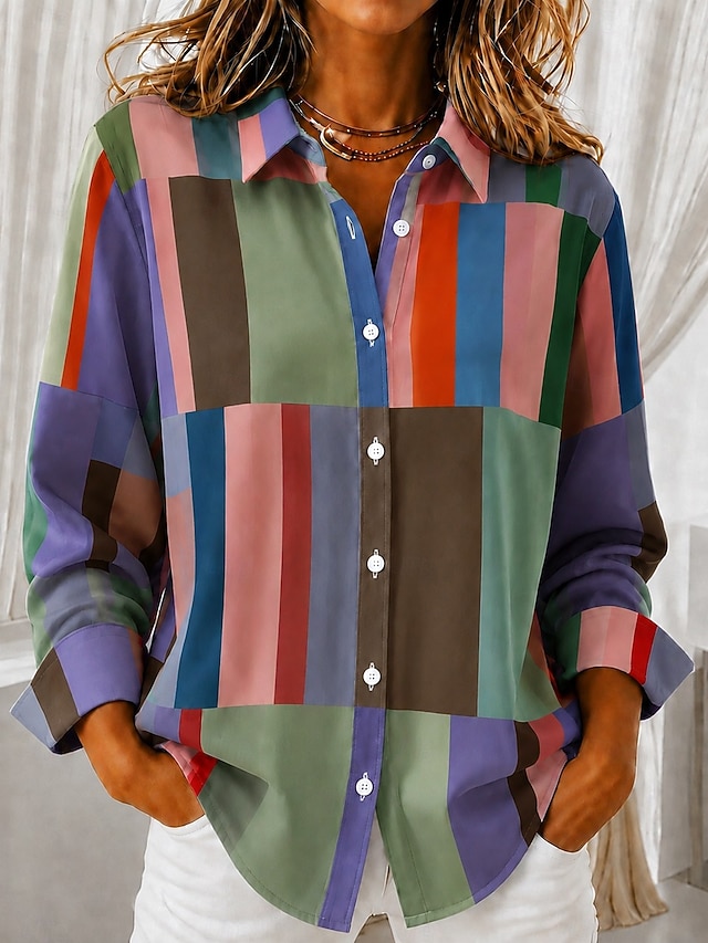 Women's Shirt Blouse Patchwork Buttons Print Ombre Floral Graphic Bohemia Vacation Vintage Long Sleeve Shirt Collar Regular Tops Casual Daily Blue Red Green Summer Spring Fall - Blue