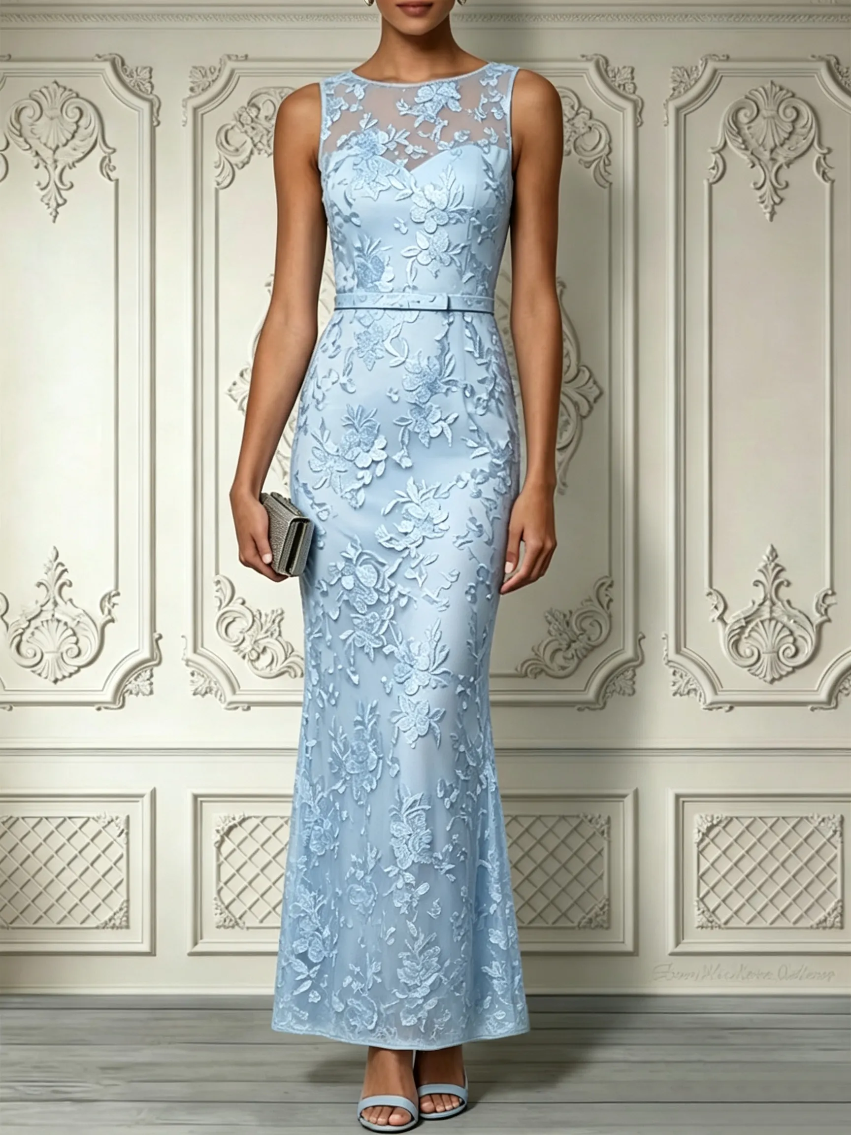 Light Blue Lace Jacquard Boat Neck Sleeveless Mermaid Floor-length Gown Dress - Light Blue