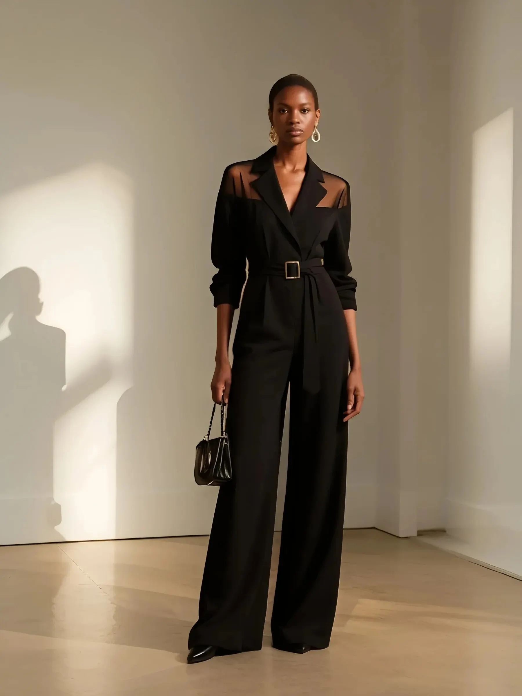 Women Black Mesh Lapel Collar Long Sleeve Dressy Jumpsuit
