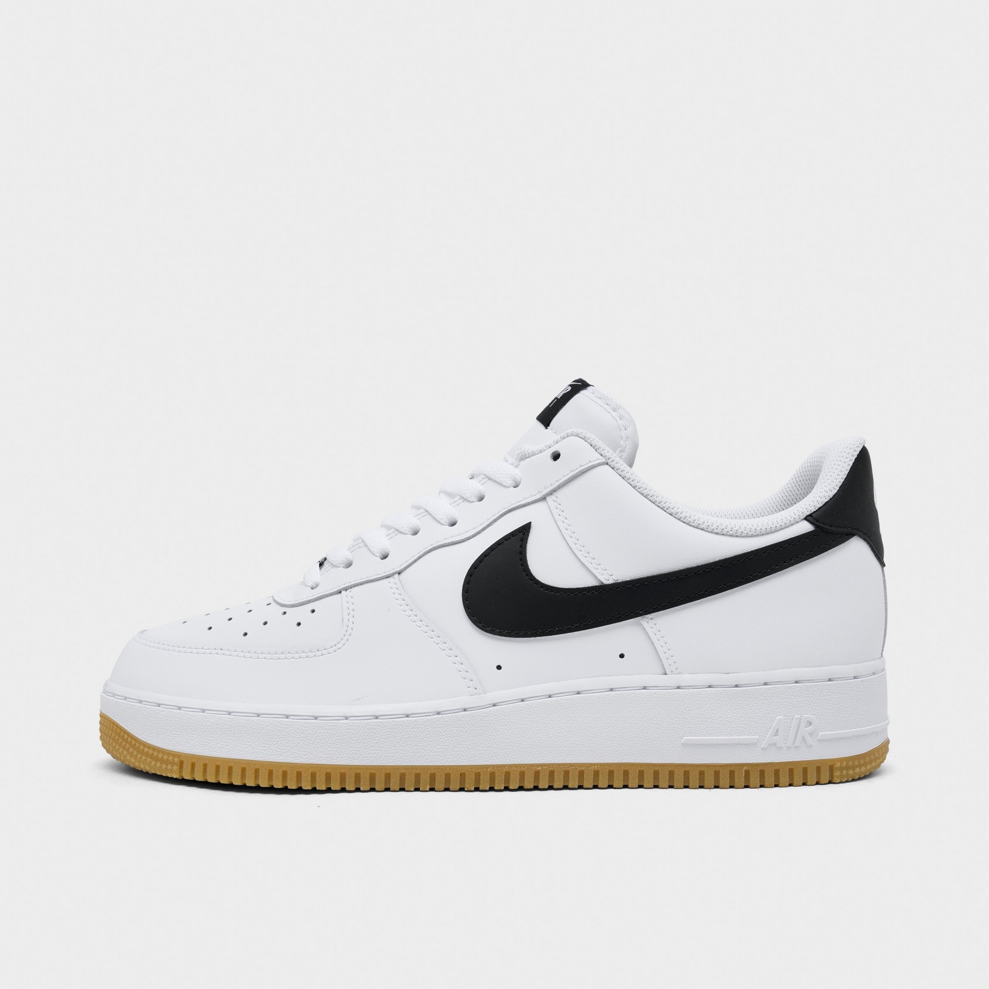 Men's Nike Air Force 1 '07 Casual Shoes — White/Gum Light Brown/Black — Left shoe facing left. Outside of the shoe.