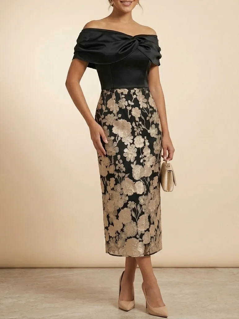 Black Off-the-Shoulder Midi Mother of the Bride Dress with Gold Floral Embroidery