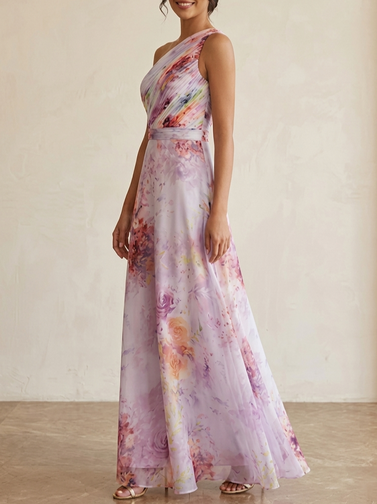 Light Purple 3D Floral Floral Chiffon One Shoulder Sleeveless A-Line Floor-length Gown Dress - Light Purple