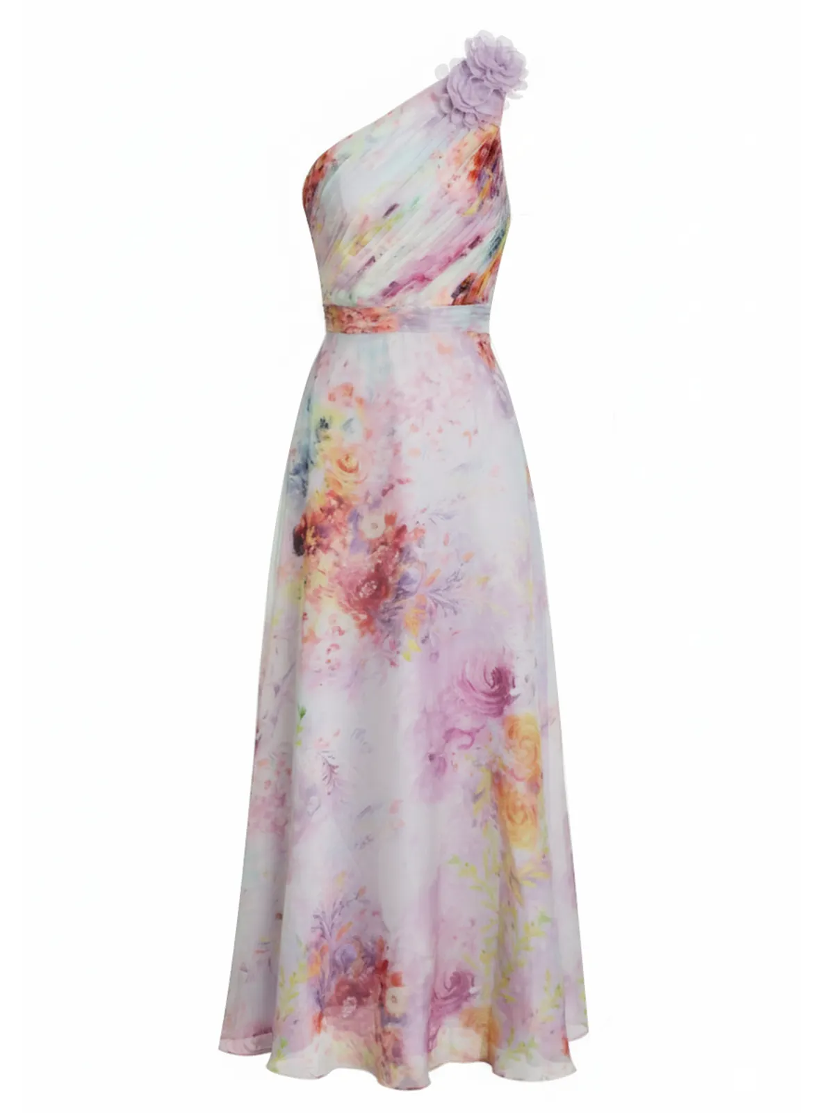 Light Purple 3D Floral Floral Chiffon One Shoulder Sleeveless A-Line Floor-length Gown Dress