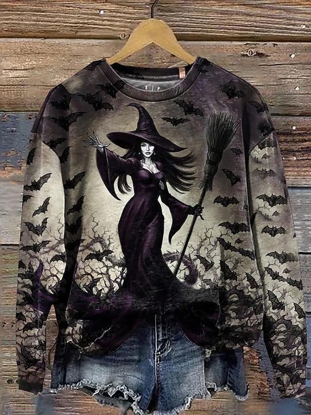 Halloween Women's Creepy Old Witch Broomstick Graphic Sweatshirt Vintage Cartoon Print Pullover Long Sleeve Crew Neck Casual Top White Fall Winter - Brown