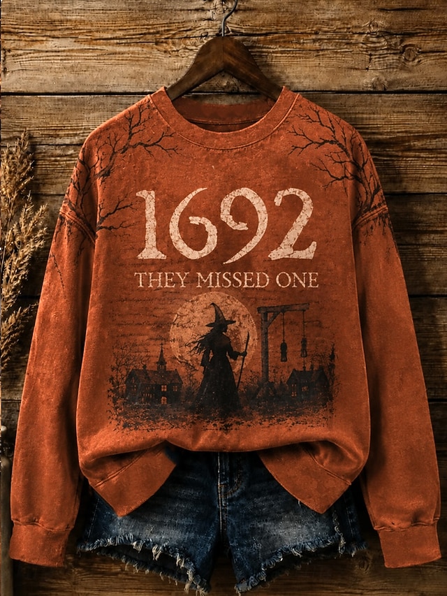 Halloween Women's Pullover Sweatshirt Print Graphic Letter Halloween Fashion Casual Long Sleeve Crew Neck Regular Tops Casual Street Dailywear Orange red Pink Purple Orange Fall Winter - Orange