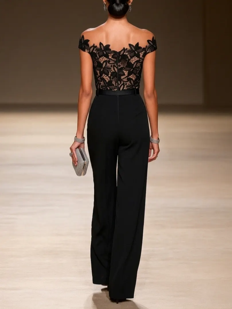 Women Black Lace Off The Shoulder Short Sleeve Dressy Jumpsuit