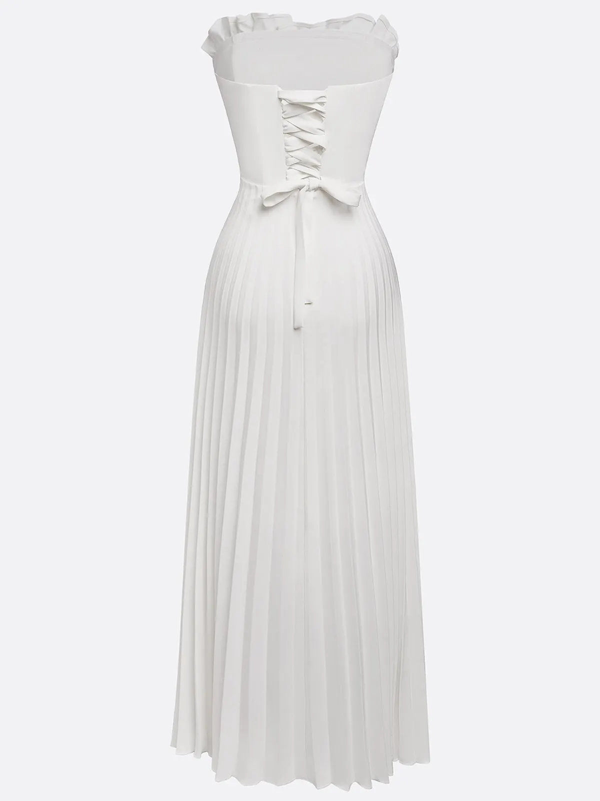 White Pleated Satin Strapless Sleeveless A-Line Maxi Dress