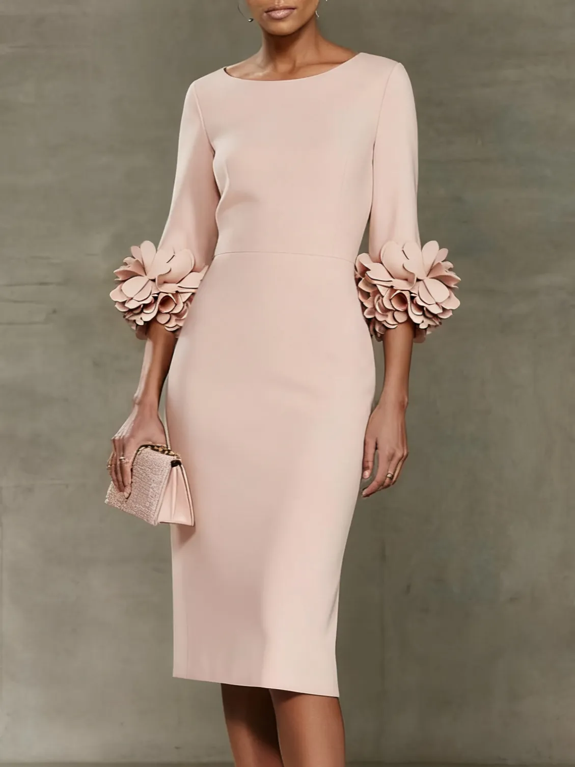 Light Pink 3D Floral Classic Crew Neck Half Sleeve Sheath Midi Dress - Light Pink