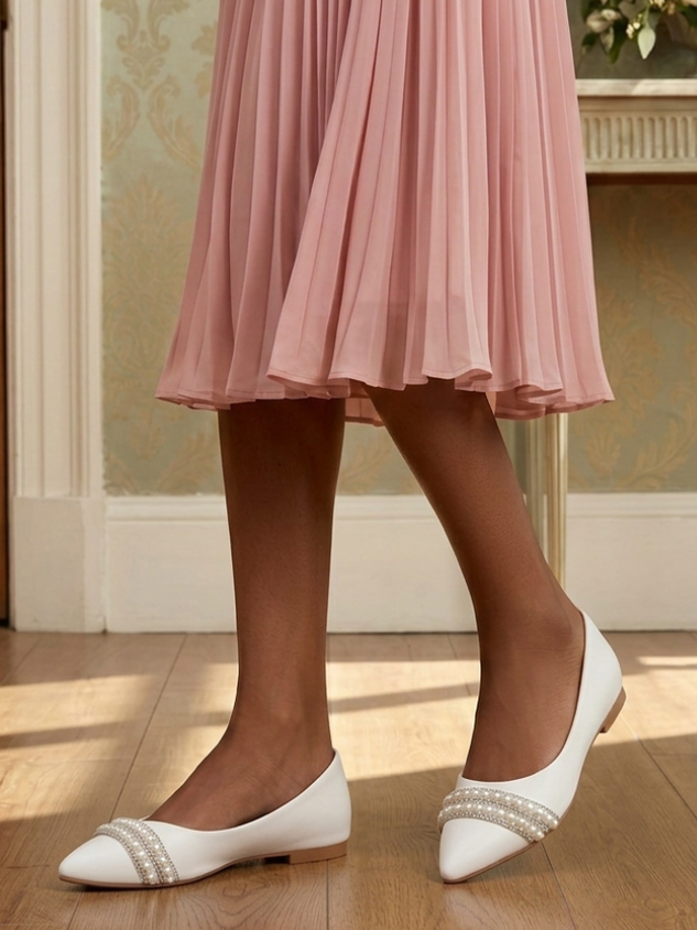 Simple Pu Plain Shallow Comfortable Flat Bridal Shoes Wedding Dress Tassels Pearls Rhinestones Evening Shoes White Women's Shoes