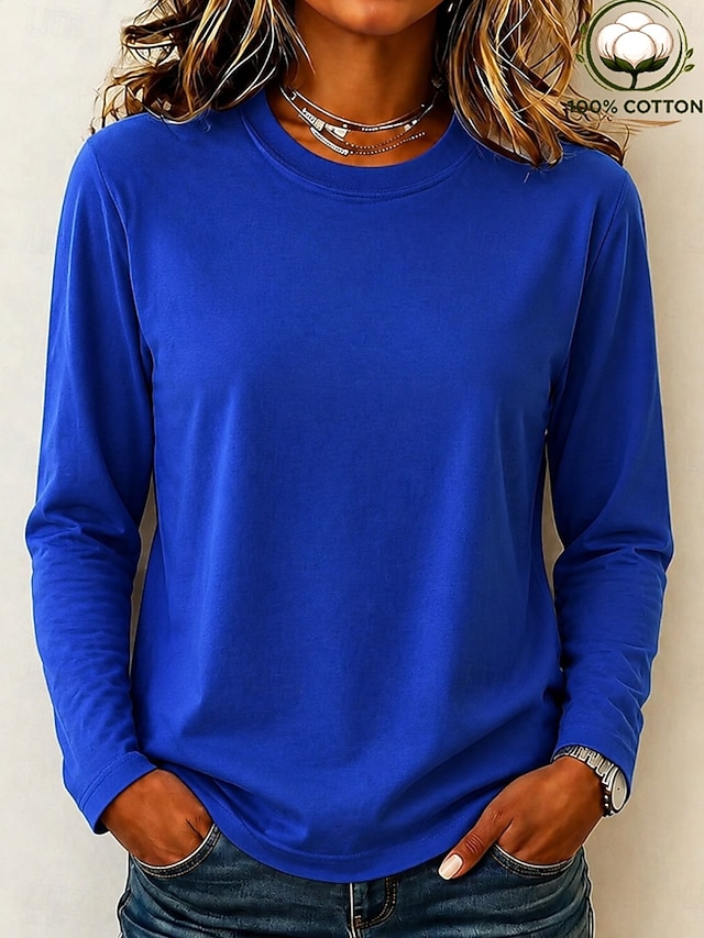 Women's 100% Cotton T-Shirts - Quality Heavy Long Sleeve Crew Neck Tee - Blue