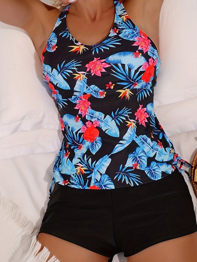 Women's Tankini 2 Piece Swimsuit Palm Shorts Tummy Control High Waist Slim Backless Vacation Beach Wear Floral Leaves Halter Neck Sleeveless Bathing Suits - Blue