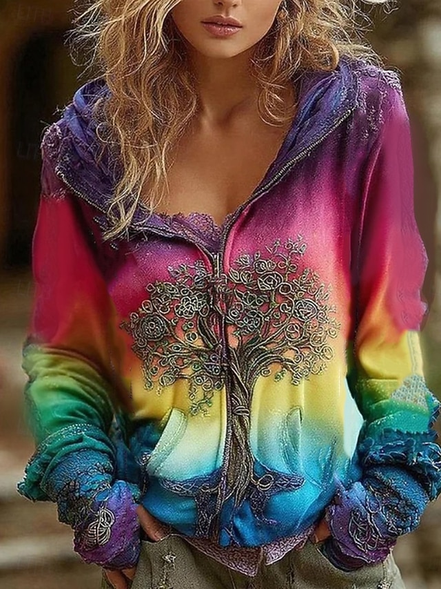 Women's 3D Print Vintage Boho Hoodie Patchwork Hoodie Sweatshirt Floral Zip Up s Floral Punk Active Vintage Long Sleeve Hooded Regular Tops Home Dailywear Casual Yellow Pink Blue Purple Fall Winter - Pink