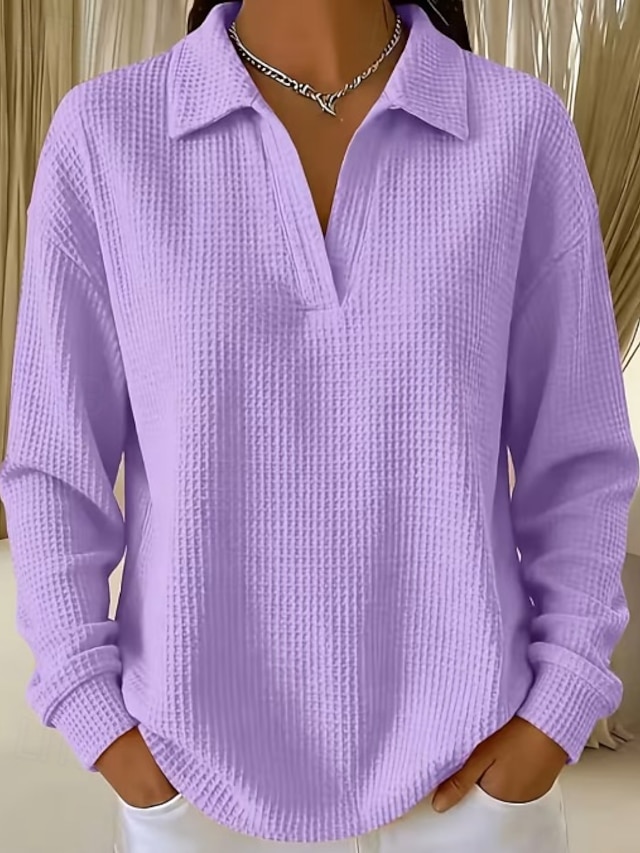 Women's Waffle Shirt Tunic Casual Shirt Texture Vacation Casual Casual Daily Work Blue Grass Green Yellow Red Violet Fall Winter - Violet