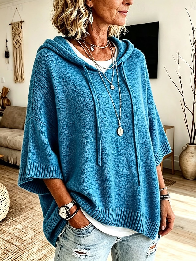 Women's Pullover Sweater Jumper Knit Sweater Streetwear Ribbed Hooded Hooded 3/4 Length Sleeve Long Tops Knit Daily Outdoor Going out Blue White Fall Winter - Blue