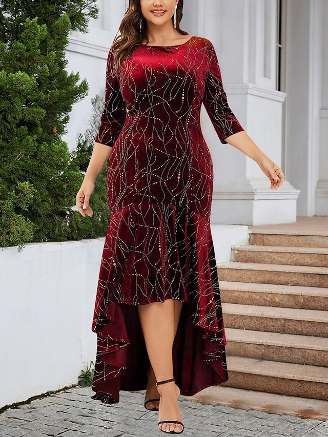 Women's Plus Size Velvet Dress Graphic Crew Neck Long Sleeve Spring Fall Elegant Fashion Modern Maxi long Dress Formal Christmas Dress - Wine
