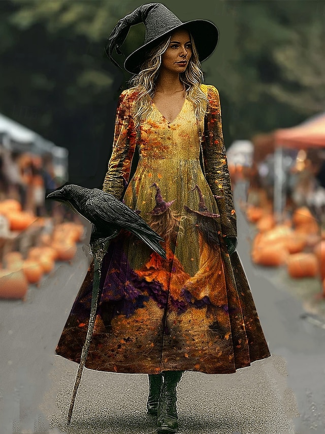 Halloween Women's Witch Hat Magic Fire Print Maxi Dress Hocus Pocus Graphic A Line V Neck Long Sleeve Gothic Costume Party Dress Orange Purple - Orange