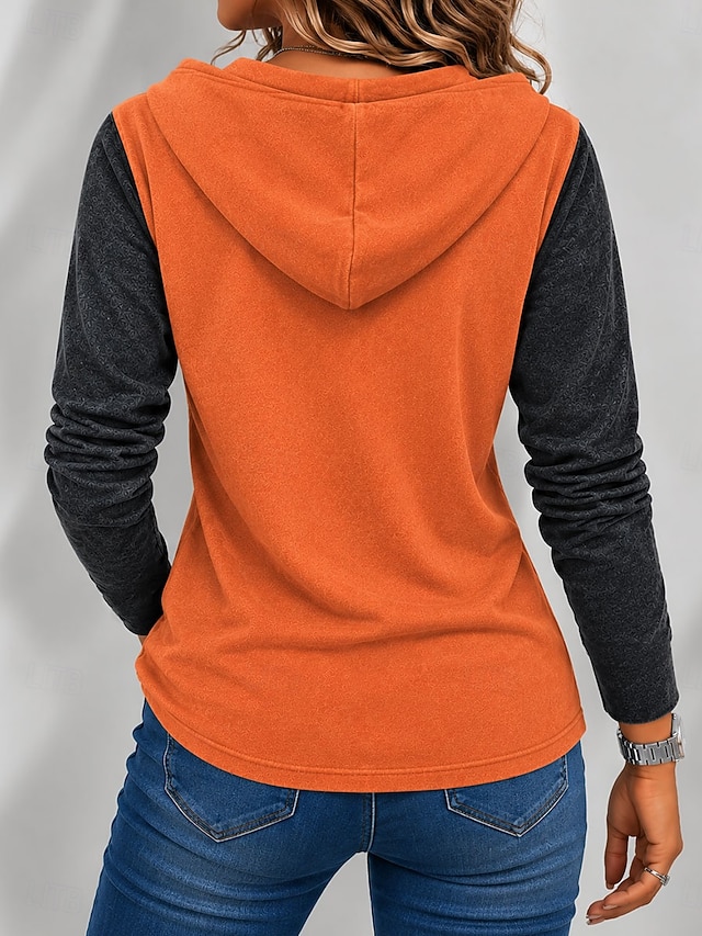Women's Shirt Washed Cotton 100% Cotton Blouse Pleated Vintage Stylish Long Sleeve Hooded Henry Collar Regular Tops Casual Streetwear Work Blue Orange Summer Spring Fall - Orange