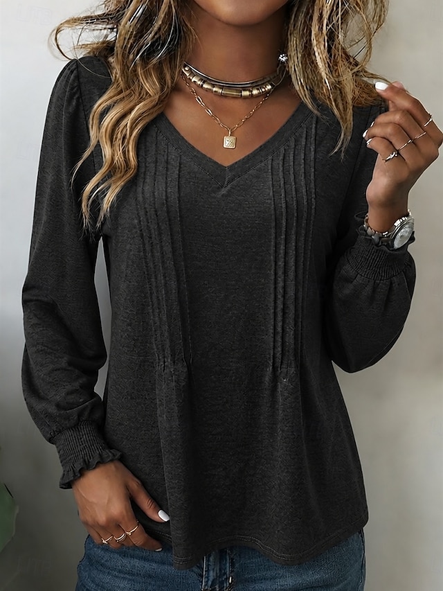 Women's T Shirt Tee Top Basic Classic Trendy Long Sleeve V Neck Regular Tops Casual Daily Blue White Black Pink Purple Spring Fall - Black