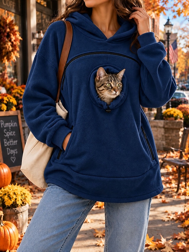 Women's Pet Carrier Hoodie Pet Pouch Hoodie Fleece Casual Long Sleeve Hooded Regular Tops pale pinkish gray Black Olive Green Yellow Red Fall Winter - Navy Blue