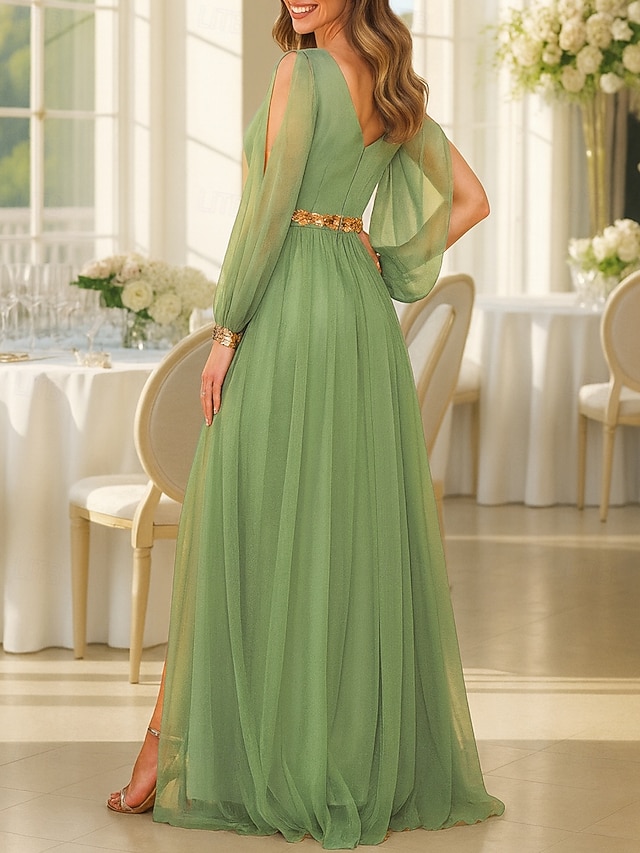 A-Line Floor Length Formal Dresses Evening Gown Mother of the Bride Dress Long Sleeve V Neck Elegant Vintage Party Formal with Pleats Split Front - Green