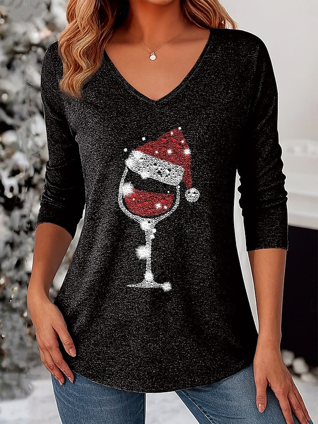 Christmas Women's T Shirt Graphic Vintage Stylish Classic Long Sleeve V Neck Regular Tops Daily Print White / Black Black+White+Red Black Wine Red Spring Fall Winter - Black+White+Red