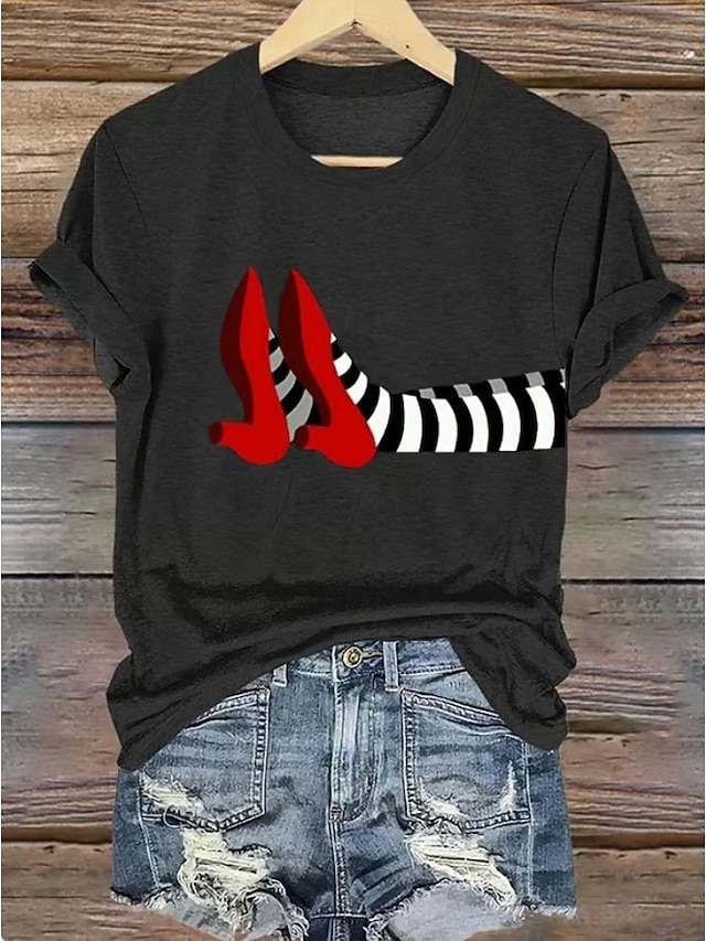 Halloween Women's T shirt Witch Graphic Vintage Stylish Classic Short Sleeve Crew Neck Round Neck Regular Tops Daily Weekend Print Black White Light Green Pink Blue Summer Fall - Black