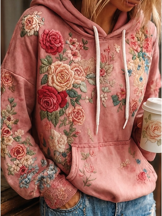 Women's 3D Print Vintage Boho Hoodie Patchwork Hoodie Sweatshirt Floral Viking Pullover Sweatshirt Floral Graphic Vintage Casual Long Sleeve Hooded Street Print Front Pocket Green Spring Fall Winter - Pink