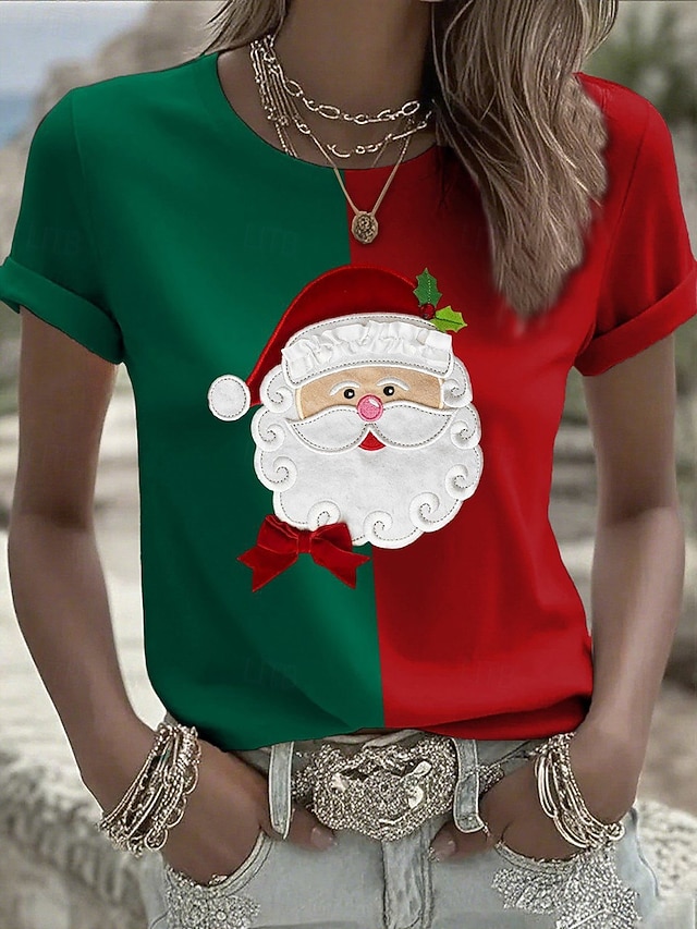 Christmas Women's T Shirt Graphic Claus Vintage Stylish Modern Short Sleeve Round Neck Regular Tops Daily Print Black Red Green Fall Winter - Green