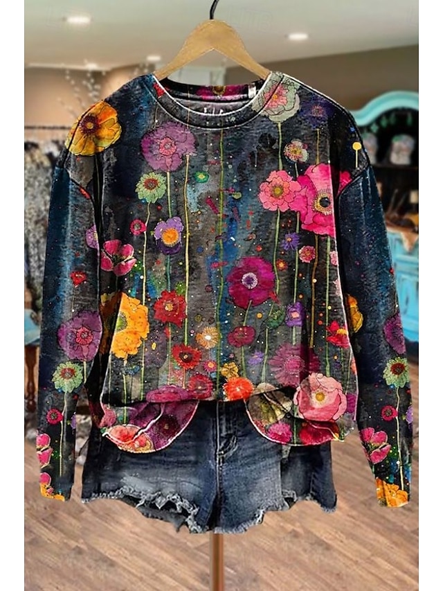 Women's Pullover Sweatshirt Print Floral Graphic Casual Long Sleeve Crew Neck Regular Tops Casual Street Dailywear Blue Black Pink Orange Gray Spring Fall Winter - Black