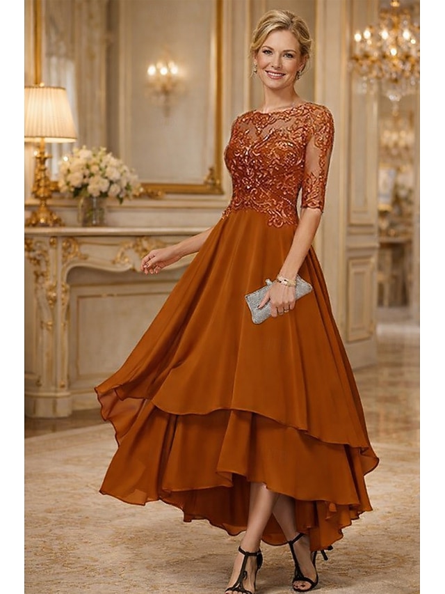 A-Line Asymmetrical Party Dress Cocktail Dress Wedding Guest Dress Mother of the Bride Dress Half Sleeve Crew Neck Elegant Simple Formal Wedding Guest Formal Evening with Lace Solid Color - Gold Flame