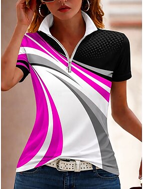 Women's T Shirt Zipper Quarter Zip Graphic Geometric Color Block Vintage Tropical Hawaiian Short Sleeve High Neck Regular Tops Beach Wedding Daily Sports Blue White Pink Red Orange Summer Spring - Pink