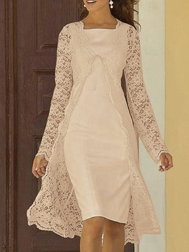 Two Piece Sheath Column Tea Length Wedding Guest Dress Mother of the Bride Dress Sleeveless Square Neck Elegant Wedding Guest Wedding Party Church Chiffon Lace Jacket Dresses with Lace Solid Color - Champagne