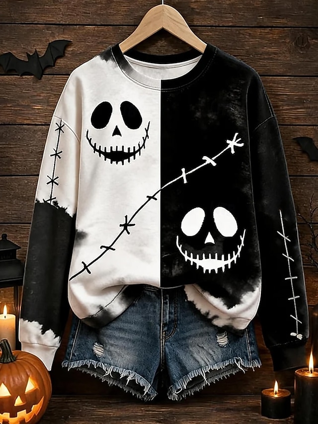 Women's Pullover Sweatshirt Print Graphic Halloween Fashion Casual Long Sleeve Crew Neck Regular Tops Casual Street Dailywear Black Spring Fall Winter - Black