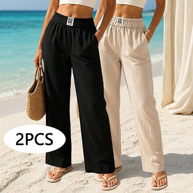 Multi Packs 2pcs Women's Cotton Linen Pants Trousers Casual Pants Summer Pants Vacation Fashion Streetwear Full Length High Waist Plain Pocket Elastic Waist Comfort Breathability Comfortable - Khaki+Black