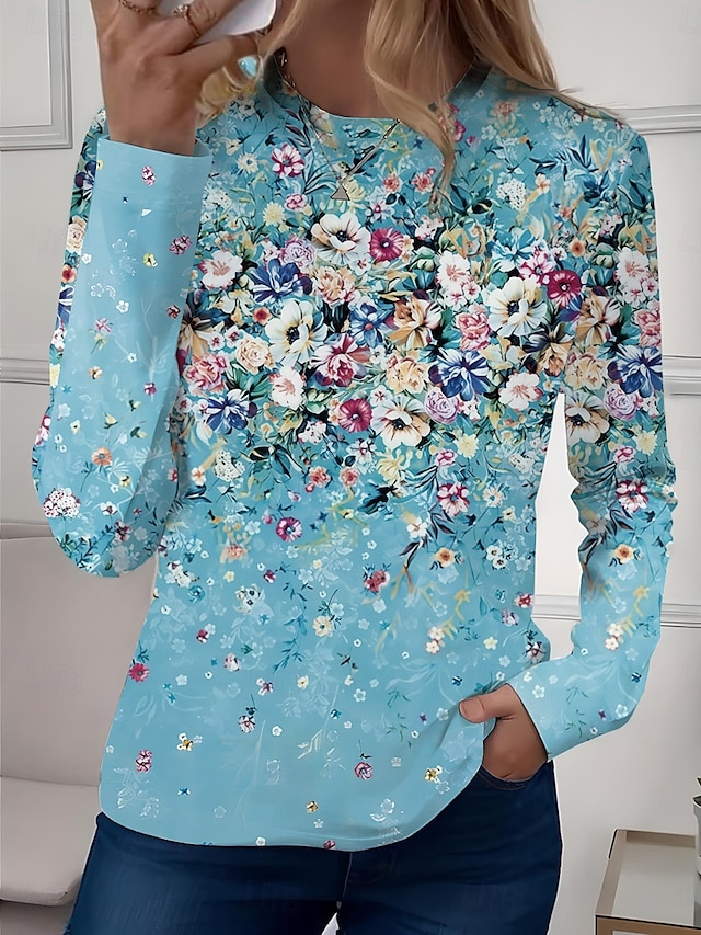 Women's T shirt Long Sleeve Crew Neck Long Sleeve Tunic Floral Casual Regular Tops Daily Print Sage Green Pink Blue Sky Blue Purple Spring Fall Prefall - Light Blue