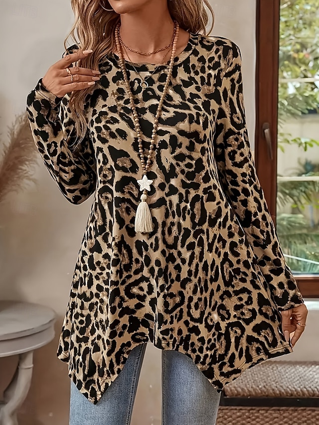 Women's Tunic Print Graphic Leopard Vintage Fashion Casual Long Sleeve Crew Neck Long Tops Daily Weekend Blue Pink Red Purple Brown Fall Winter - Brown