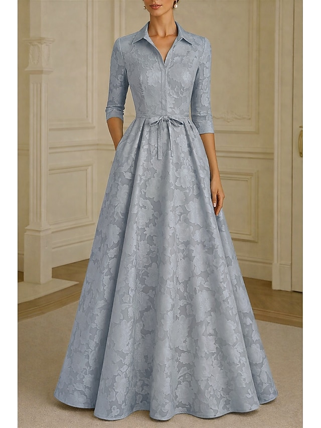 A-Line Floor Length Shirt Dress Formal Dresses Evening Gown Mother of the Bride Dress Long Sleeve Shirt Collar Elegant Vintage Formal Satin Jacquard with Bow(s) Flower - Dusty Blue