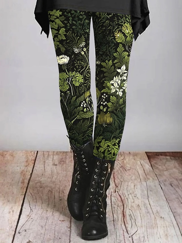 Women's Pants Trousers Leggings Cozy Leggings Streetwear Casual Full Length High Waist Floral Elastic Waist Print Breathability Comfortable Stretchy Vacation Street Daily Wear Green Summer Spring Fall - Green