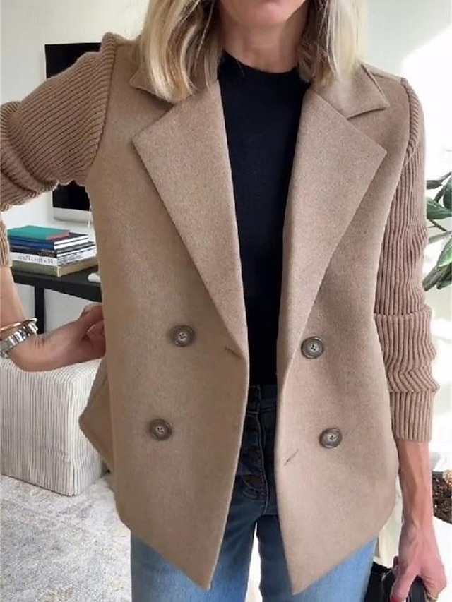 Women's Peacoat Comfortable Buttons OL Style Plain Casual Work Vacation Street Regular Notch Lapel Long Sleeve Outerwear Black Pink Brown Fall Winter - Brown