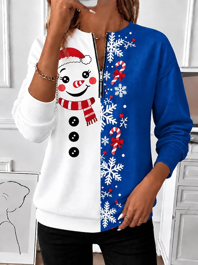 Christmas Women's Zip Up Sweatshirts Zipper Print Graphic Abstract Fashion Casual Long Sleeve Round Neck Regular Tops Street Dailywear Blue Black Red Green Fall Winter - Blue