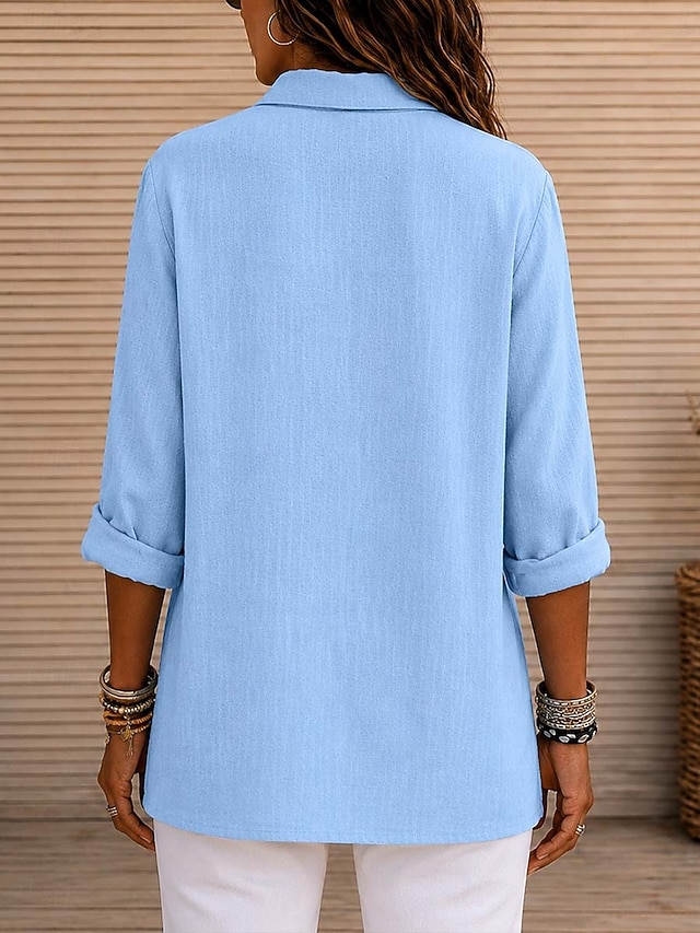 Women's Shirt 100% Cotton Button Up Blouse Pocket Buttons Solid Color Plain Elegant Vacation Fashion Long Sleeve Shirt Collar Long Tops Casual Blue Sage Green Black Pink Summer Spring Fall - Pink