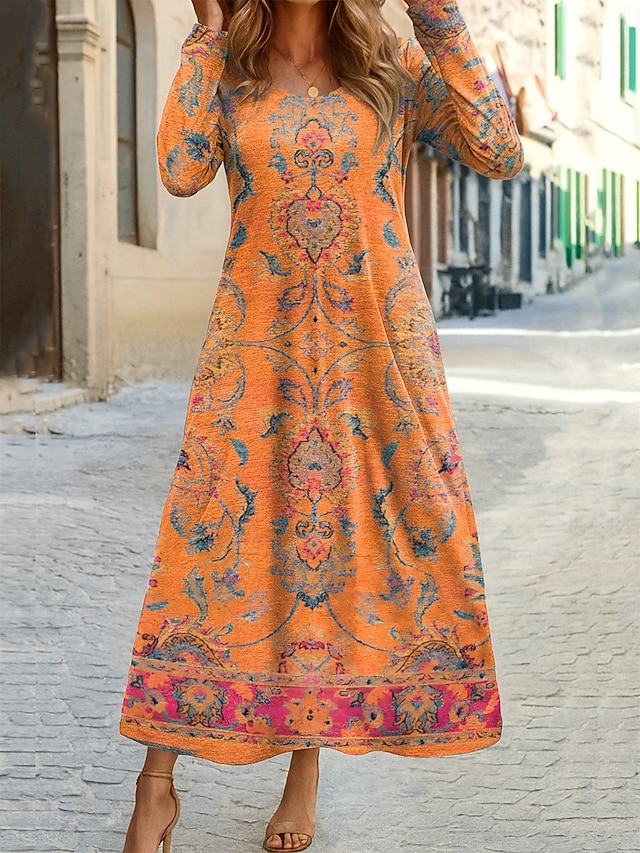Women's Maxi Dress Boho Sheath Dress T Shirt Dress Tee Dress Vacation Casual Holiday Date Regular Fit Graphic Geometric Tribal Long Sleeve Crew Neck Blue Dark Brown Black Red Spring Fall - Orange
